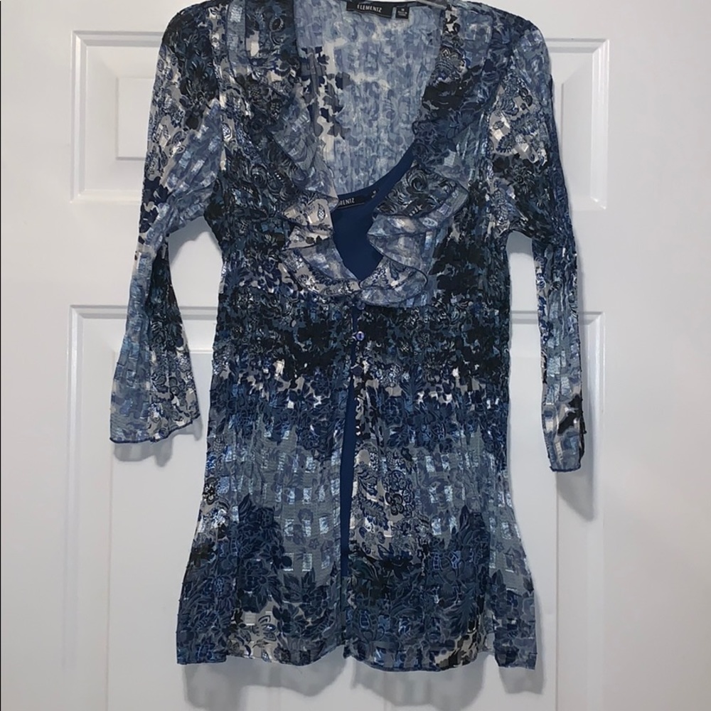 Elementz Blue Sheer Tunic Floral Mesh Layered Blouse Ruffle Neck Lightweight M